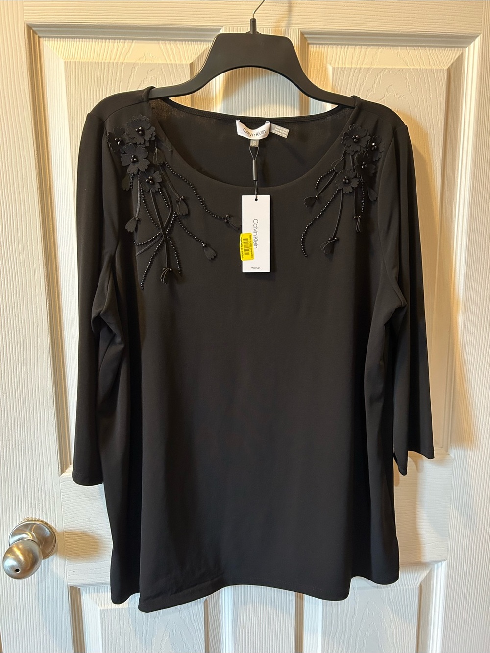 Calvin Klein 0X Black Long Sleeve Embellished Scoop Neck Blouse 3/4 Sleeve NWT